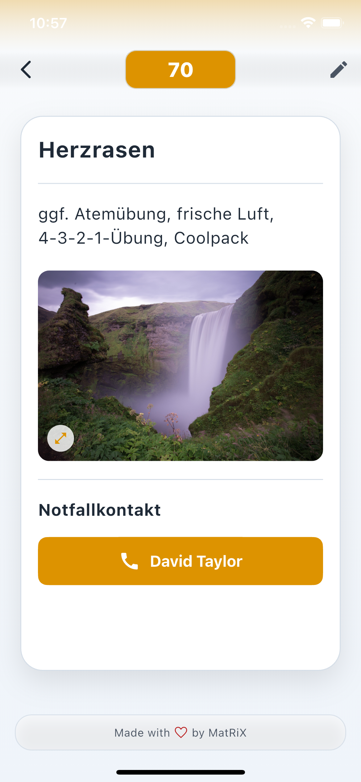 MindstAid Detailansicht mit Notfallkontakt